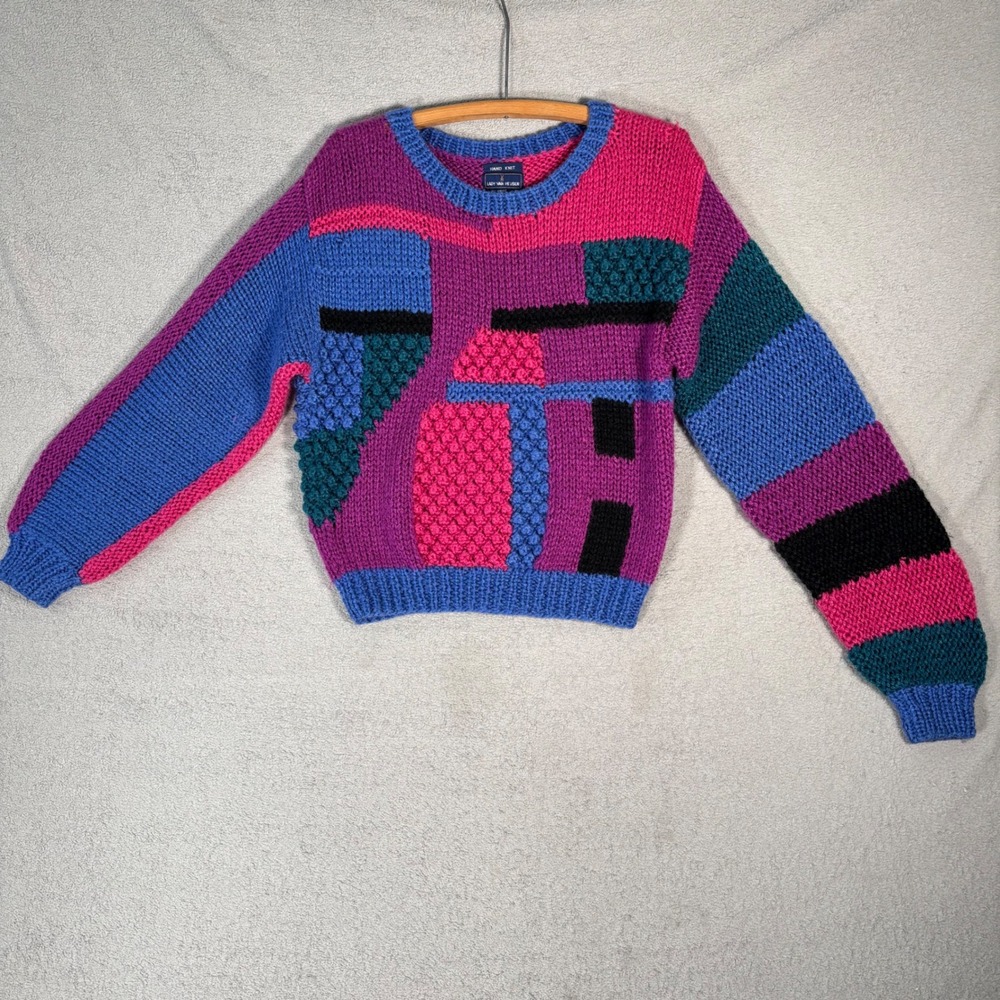 Vintage Lady Van Heusen Hand Knit Geometric Colorblock Sweater Women's Size L